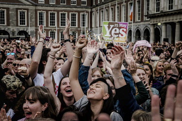 A crowd at Dublin Castle, gathered to celebrate the 'yes' result of the 2018 referendum on legalising abortion in the country.