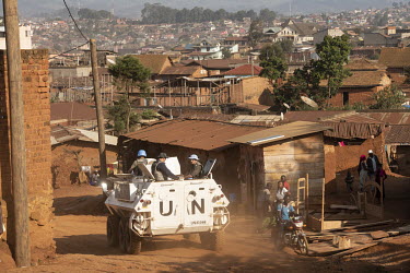 MONUSCO (United Nations Organization Stabilization Mission in the Democratic Republic of the Congo) troops patrol Butembo in an amoured vehicle.