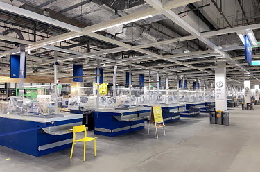 Closed tills a a branch of Ikea that 'temporarily' closed its shops in Russia on 03 March 2022. The company announced that all its 15,000 employees would their jobs and salaries for three months.