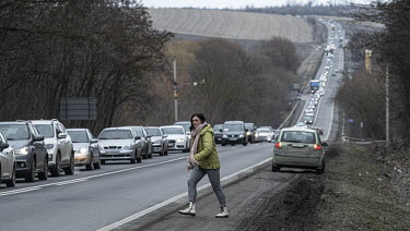 A 12 mile long queue of traffic, comprised predominantly of refugees heading west towards Lviv.