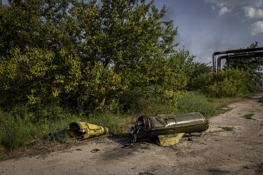 An unexploded, Russian Tochka-U ballistic missile, lies near the Lysychansk oil refinery.