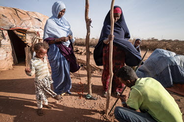 The Abdi Rahman family, setting up a shelter after arriving the day before. They are staying close to relatives. ''We had to leave our home because the animals were dying because of the drought'', sai...
