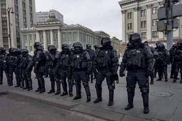 Police, Russian Guards and OMON (Special Purpose Mobile Unit) block a road to a peaceful protest against the war in Ukraine on 6 March 2022. People were detained for participating in an unsanctioned r...