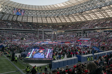 Margorita Simonyan, the editor-in-chief of RT (Russia Today) gives a speech at a concert-rally in the Luzhniki Statdium dedicated to the eighth anniversary of the 'reunification' (annexation) of Crime...
