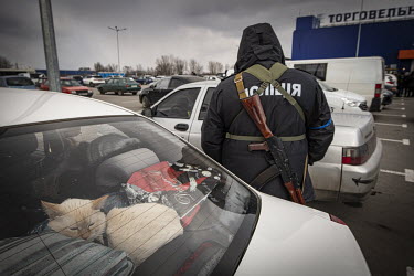 An armed guard stands beside a car where a pet cat sits on the parcel shelf of a vehicle bringing refugees from Mauriupol to a makeshift reception centre in a Zaporizhzhia supermarket car park.