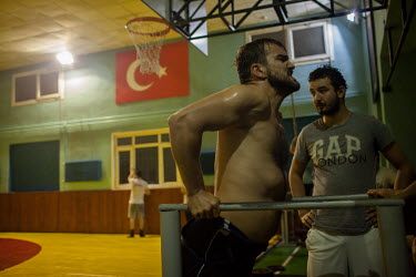 Semih Sancar, who turned to oil wrestling three years ago after six years as a hobbyist rower, training at the Haydarpasa Demirspor Klub. He won his first match this year at the KÄ�rkpÄ�nar champion...