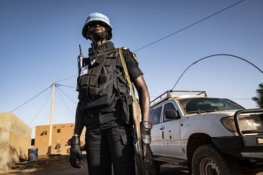 A patrol conducted by local police supported by UN troops.  In 2012, Islamist radicals linked to al-Qaeda, hijacked an uprising by ethnic Tuareg people and went on to seize cities across northern Mali...