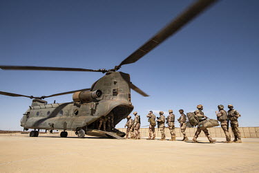 French troops leaving an RAF Chinook flying as part of Operation NEWCOMBE CH47, the codename for British military assistance to France's Operation Barkhane. It consists of three Royal Air Force Chinoo...