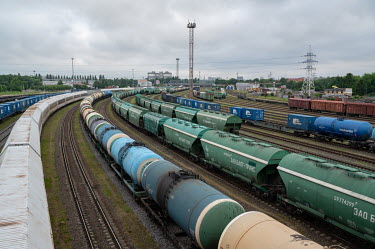Freight trains held at a goods train terminal. Many freight trains were stopped at the border between Russia and Lithuania due to the ban on the transport of a number of goods through the territory of...
