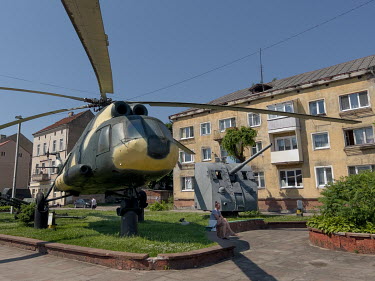 An exhibition of military equipment in the square of Sovetsk, a border town.