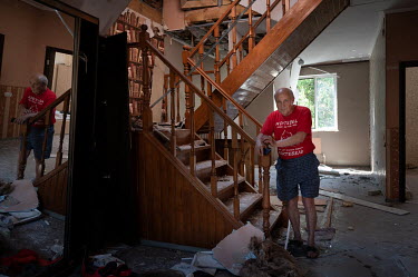 Aleksandr Kaidalov (70) at his son's house at 23 Mayakovskaya Street destroyed by the shock wave from the explosion of a Tochka-U missile on the night of 3 July 2022.  Government services say they wil...