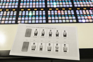 A sheet with pictures of competing team members in the broadcasting room before the start of a professional match at an E-game arena.