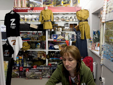 A shop selling various military toys and 'Z' branded clothes at an exhibition dedicated to nuclear war and radioactive contamination in Patriot Park.