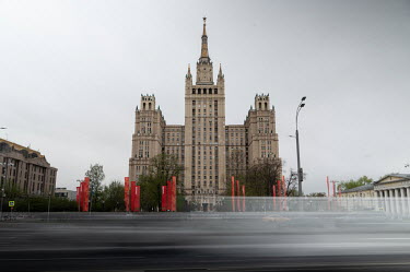 Decorations for Victory Day on 9 May 2022 in front of the Stalinist skyscraper, a residential building on Krasnopresnenskaya Street.