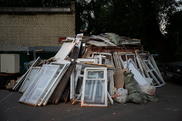 A pile of old window frames from a residential building, at the intersection of Popov and Mayakovsky streets, that had its windows blown out during an explosion on the night of 3 July 2022 which the R...