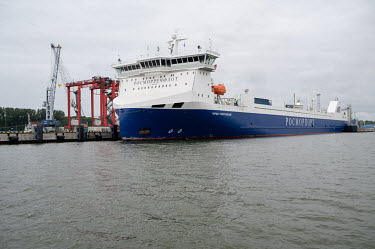 Ferry 'Marshal Rokossovsky', in the commercial port of Baltiysk. There are trucks on board the tanker which are taking the sea route to and from the exclave which is currently the only choice for tran...