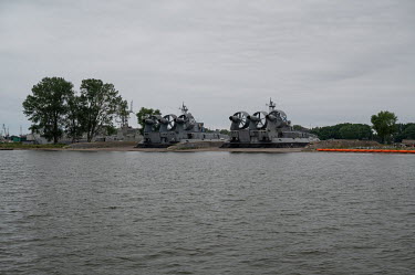 The mooring point for giant military landing hovercraft at the Baltic Naval Base in Baltiysk, the largest base of the Russian Naval Fleet on the Baltic Sea.