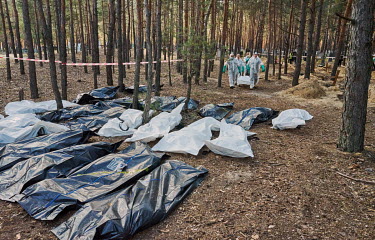 For the third day running, emergency service workers and scenes of crime investigators continue the exhumation of makeshift graves in a pine forest at the edge of Izium. 170 bodies of the more than 44...