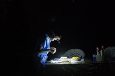 A scientist prepares a sample taken from a bat collected as part of USAID Predict project looking for new viruses in the wild animal population.