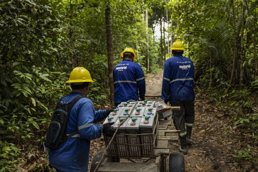 Workers, from a company responsible for assembling photovoltaic solar panels in rual communities, transport batteries and other equipment through the forest to a remote community located on a creek on...