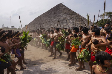 Waimiri-Atroari people participate in a ceremony in Mynawa village, on the Waimiri-Atroari Indigenous Land, during a meeting to discuss issues related to threats to their territory and the impact of t...
