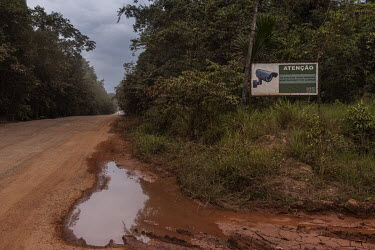 A sign warns that there are cameras, installed by the inhabitants of Waimiri-Atroari Indigenous Land, monitoring the BR-174 highway where it crosses their land. At night they close the road at the ent...
