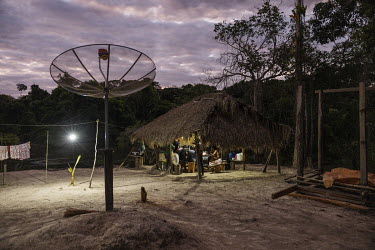 A satellite dish in the territorial monitoring base of Bau village on the Pixaxa River, in the Bau Indigenous Territory. The base was created to prevent the invasion their land by illegal hunters, fis...