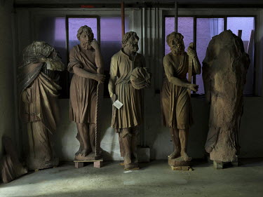 Sandstone statues from Strasbourg Cathedral stored in the reserves of the Fondation de l'Oeuvre Notre-Dame in Meinau.