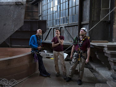 Rope access training for stonemasons from the Oeuvre Notre-Dame Foundation. Training in situation inside Strasbourg Cathedral. From left to right: Thierry Bastian, Boris Debourbe and Aymeric Zabollone...