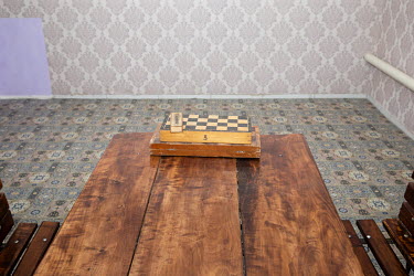 A chess set for Russian inmates in a prisoner of war camp's recreation room.