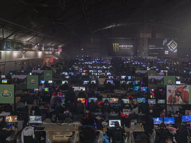 The LAN party area of the DreamHack Summer 2022, the world's largest computer festival with the fastest internet connection ever used simultaneously by a group of people. ~~Stitched photograph