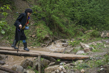 An elderly woman crossing a simple wooden bridge built over a fast flowing mountain stream.High in the mountains above Poienile de sub Munte, said to be Romania's largest village, is an unnamed commun...