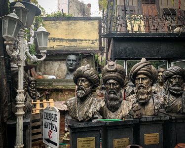 A bust of Mustafa Kemal Ataturk (rear left) sits among busts of various figures from Ottoman history, including architect Mimar Sinan, and Fatih Sultan Mehmet, in the courtyard of an antiques shop in...