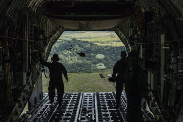 A KC-390 cargo plane of the Brazilian Air Force drops a load of food over the runway of the Surucucu Special Border Platoon in the Yanomami Indigenous Land. The food will be distributed to indigenous...