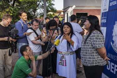 The Minister of Indigenous Peoples, Sonia Guajajara, speaks during a press conference in front of the Yanomami Health House on the outskirts of Boa Vista. The Yanomami have been going through an unpre...