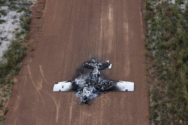 An aeroplane burned by IBAMA ( Brazilian Environmental Protection Agency ) agents during an operation to combat illegal mining in the Yanomami Indigenous Land, at an airstrip on a farm in rural Boa Vi...