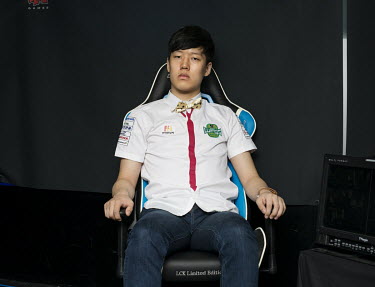Republic of Korea, Seoul: a professional online gamer in the Yongsan Esport stadium before a competition. Stitched photograph