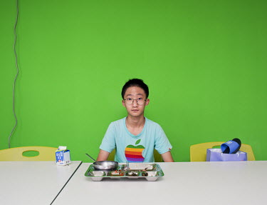 An 11-year-old patient suffering with an internet addiction eating lunch at the National Center for Youth Internet Addiction Treatment, commissioned by Ministry of Gender Equality & Family. During tre...