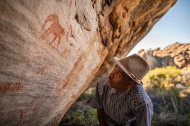 Barend Salomo (64), a rooibos farmer and Khoisan rights activist, looks at an ancient piece of Khoisan rock art in the Cederberg Mountains. This land was once all the domain of his ancestors, but toda...
