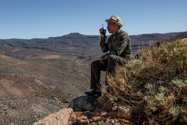 Barend Salomo (64) founder of the Wupperthal Original Rooibos Co-Operative, makes a call on a two-way radio from the steep mountain path that leads to a rooibos growing area in the Cederberg Mountains...