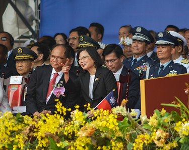 President Tsai Ing-wen (centre) attends Taiwan's 112th National Day ceremony along with other high-ranking DPP party, forign diplomatic representatives, ROC military officials