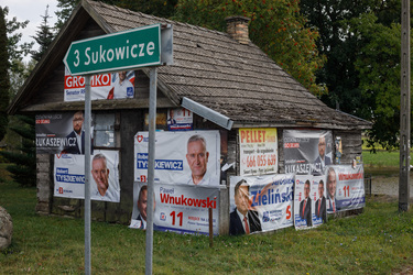 Various party's election posters in a small town close to the Belarus border.