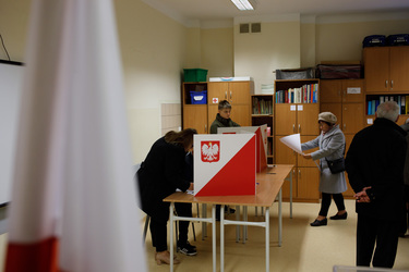 People casting their votes at a polling station in a primary school for the 15 October 2023 parliamentary elections. The voter turnout is expected to be at record levels as both sides of the political...