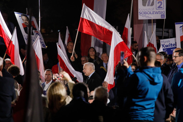 Head of PiS (Law and Justice) party, Jaroslaw Kaczynski, speaking during a PiS party rally prior to the 15 October 2023 parliamentary elections.