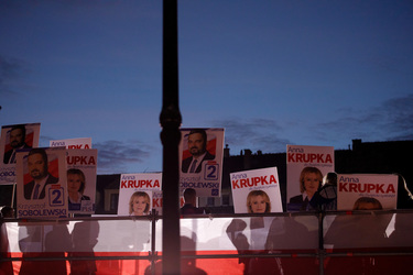Placards featuring PiS (Law and Justice) party candidates on the day of a PiS party rally in the town prior to the 15 October 2023 parliamentary elections.