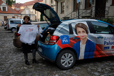 Anna Paluch, a parliamentary candidate for the PiS (Law and Justice) party unloading her party branded car before a PiS party rally prior to the 15 October 2023 parliamentary elections.